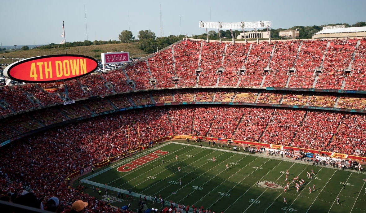 A packed GEHA Field at Arrowhead Stadium filled with fans on a game day.