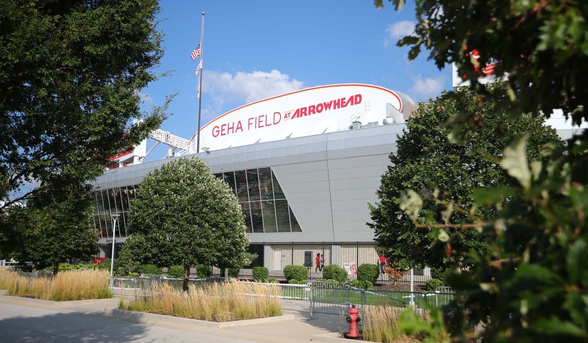 An exterior image of GEHA Field at Arrowhead Stadium on a clear day with a blue sky above.