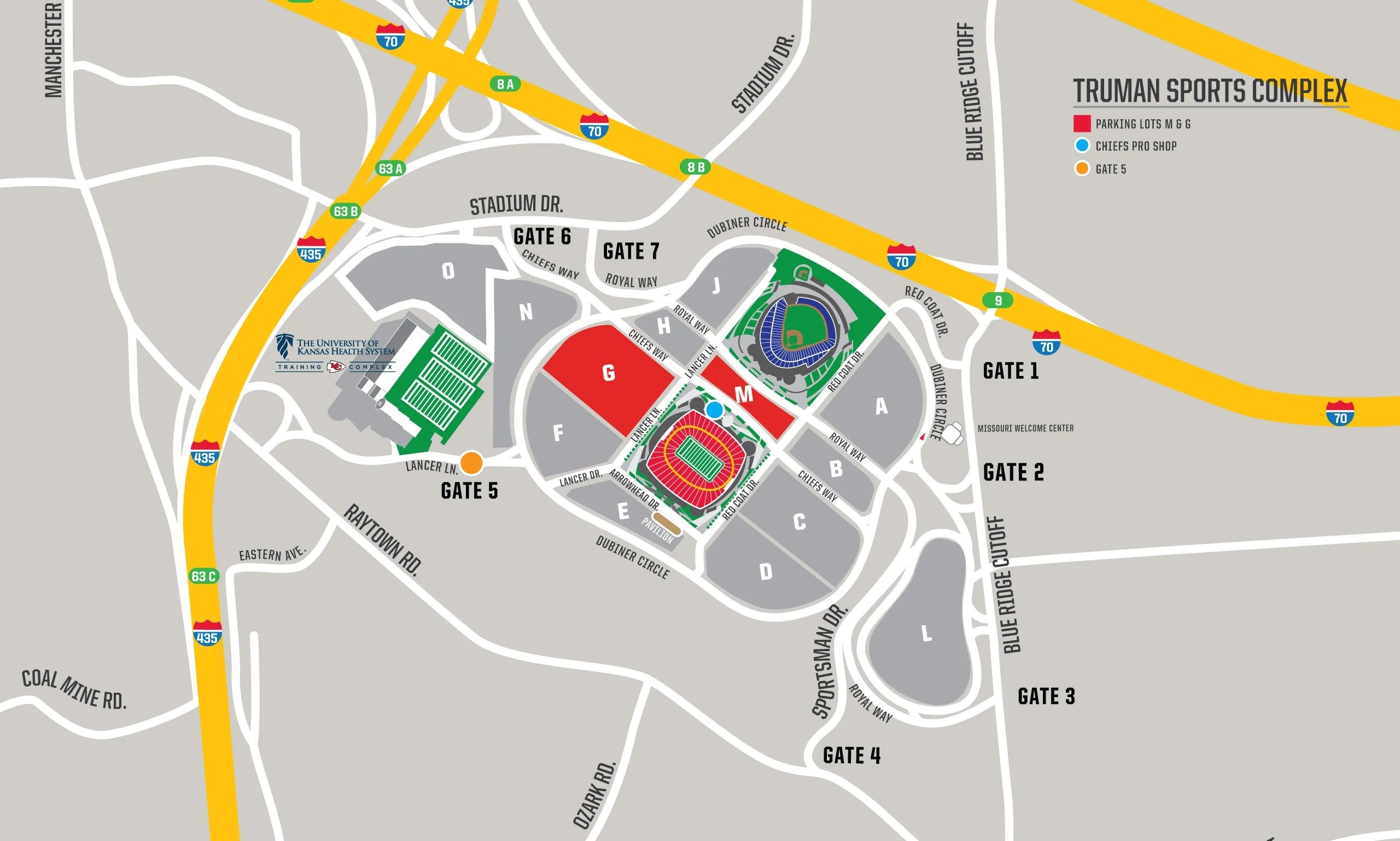 Map of where to park and meet for stadium tours at Arrowhead Stadium