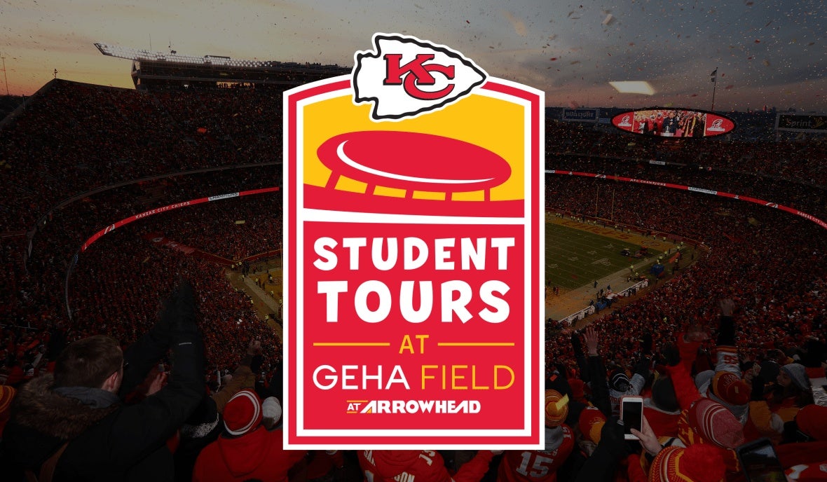 A background shot of GEHA Field at Arrowhead Stadium filled with fans, with an overlay that says "Student Tours at GEHA Field at Arrowhead" with the stadium logo.
